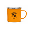 An orange mug with a metallic rim and a logo printed on the front.