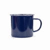 A drink bottle featuring a navy blue enamel finish with a sturdy handle and a classic design. It includes a logo.