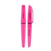 A pink highlighter pen with a cap and a branding logo. It features a sleek design with a black band.