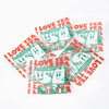 A set of clear stickers featuring a smiling tea cup character and the phrase "I Love Tea" in red and green.