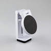 A white mobile phone stand featuring a round black base and adjustable arm for supporting devices.