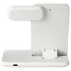 A white 3-in-1 wireless charger with a detachable section and a compact design. It features a logo on its surface.