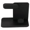 A black 3-in-1 wireless charger stand with a vertical holder for devices and a base for charging.