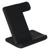A black 3 in 1 wireless charger with a sleek standing design and a flat charging pad. It features a logo.