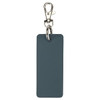 A rectangular keychain in a dark blue colour with a silver clip and ring attachment.