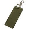 A rectangular keychain in olive green with a silver clip and ring. Simple design and sleek finish.