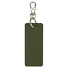 A rectangular keychain in olive green with a silver clip and ring for attaching to keys or bags.