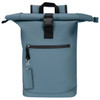 A blue waterproof backpack with a roll-top closure, featuring a front zip pocket and a branding tag.