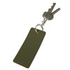An olive green rectangular keychain attached to metal keys. The keychain has a simple design and includes a logo.