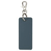 A rectangular keychain in dark blue with a silver metal clip and ring. It features a smooth surface and stitched edges.