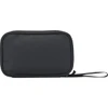 A black recycled tech pouch with a zip closure and a carrying strap, featuring a simple design.