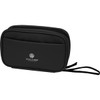 A black tech pouch with a zippered compartment and an exterior pocket. It features a logo on the front.