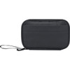 A black tech pouch with a zip closure and a wrist strap, featuring a textured fabric. It has a logo on the front.