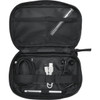 A black tech pouch featuring compartments for cables, earphones, a pen, and a USB connector, with a mesh pocket.