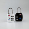 Two portable TSA luggage locks in white and black, featuring combination dials and a logo on each.