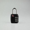 A portable black luggage TSA lock with a silver shackle and three rotating dials for the combination.