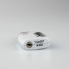 A portable luggage TSA lock in white with a keyhole, featuring a black and silver design and a logo.