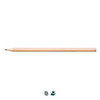 A wooden graphite pencil with a round barrel and a pointed tip, featuring branding.