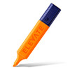 An orange highlighter with a dark blue cap, featuring a logo on the side.