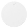 A round white makeup mirror with a small button on one side, featuring a simple and sleek design.