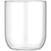 A clear glass carafe and cup set designed for beverages, featuring a sleek and minimalist design.