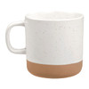A ceramic coffee mug in white with a speckled finish and a terracotta base, featuring a handle and a logo.