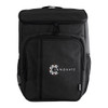 A black backpack with a front pocket, mesh side pockets, and a logo on the front.