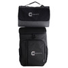 A black and grey picnic backpack featuring a logo, with a detachable insulated cooler on top.