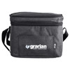 A grey insulated cooler bag with a zip closure and a shoulder strap, featuring a logo on the front.