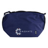 A navy cooler bag with a logo, featuring a zip closure and a shoulder strap for easy carrying.
