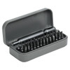 A grey pocket screwdriver tool set containing a handle and 55 various screwdriver bits in a compact case.