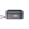 A grey charging station with a logo, featuring a vertical design and a cable attachment.
