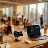 A modern, sleek 3-in-1 charging station in black, with a watch, earbuds, and a laptop, set in a vibrant office environment.
