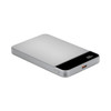 A silver MagSafe wireless power bank with a sleek design, featuring a black section and a USB-C port.