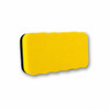 A yellow magnetic foam whiteboard eraser with a textured surface and black backing. Features a logo.