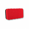 A red magnetic foam whiteboard eraser with a textured surface and a black backing.