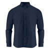 A navy blue long-sleeved shirt with a button-up front and collar. It has a subtle brand logo.
