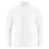 A white long-sleeve shirt with a button-up front and a classic collar, featuring a logo on the chest.