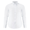 A white women's shirt with a button-up front and long sleeves, featuring a collar and a subtle logo.