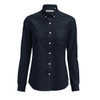 A navy blue women's oxford shirt featuring a button-down collar and a chest pocket. It has long sleeves and a logo.