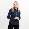 A woman models a navy blue Women's Allen Oxford Shirt with a button-up design and long sleeves.