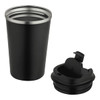 A drink bottle featuring a black double wall vacuum tumbler with a silver rim and a separate black lid.
