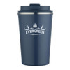 A drink bottle featuring a navy exterior and a stainless steel rim, with a logo on the front.
