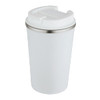 A drink bottle featuring a double wall vacuum design in white with a stainless steel accent and a lid.