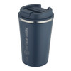 A drink bottle in navy blue with a stainless steel rim and a lid, featuring a logo design.
