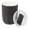 A drink bottle featuring a matte black exterior and a ceramic liner, accompanied by a clear lid.