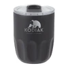 A drink bottle with a black exterior and clear lid, featuring a logo and a rounded design suitable for beverages.