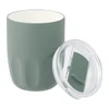 A drink bottle featuring a matte green exterior and a ceramic liner, with a clear lid. It has a logo.