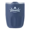 A drink bottle in navy blue with a matte finish and a clear lid, featuring a logo on the front.