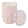 A drink bottle in soft pink with a ceramic liner and a clear, removable lid, featuring a logo.